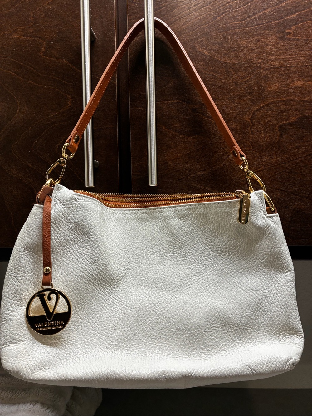 Valentina White Leather Shoulder Bag with Brown Strap and Gold Accent